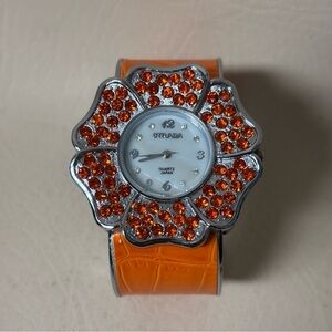 Strada Ladies Fashion Gem Quartz Watch Flower Silver Tone 2" Cuff Bracelet